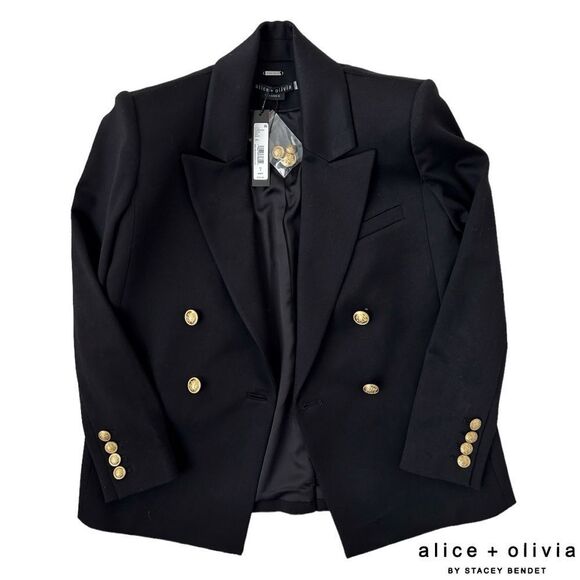 Alice + Olivia **NWT** Anthony Double-Breasted Strong-Shoulder Blazer Black/Gold - Picture 4 of 14